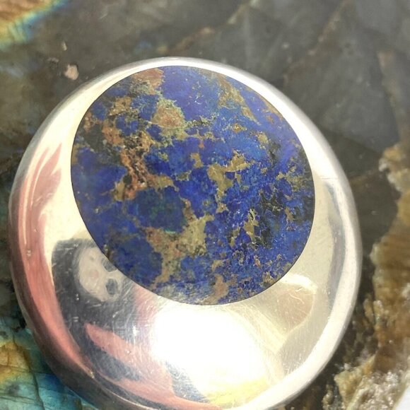 VTG Sterling Silver 950 Mexico Chunky Round Lapis Lazuli Inlay Pendant Brooch - Picture 4 of 16